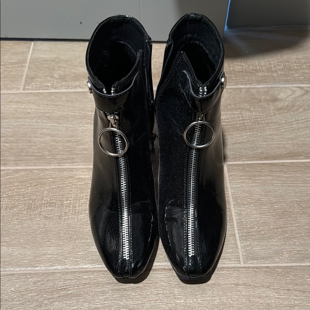 Black Patent Leather Ankle Boots with Silver Hardware